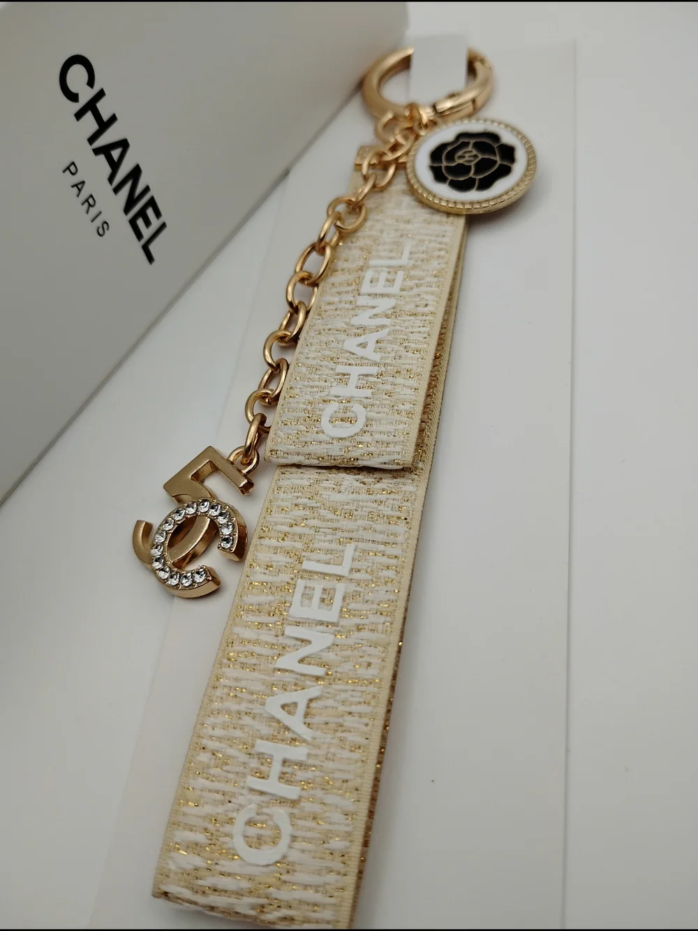 CHANEL Gold and Ivory Logo Charm Strap Keyring AUTHENTIC -BNIB